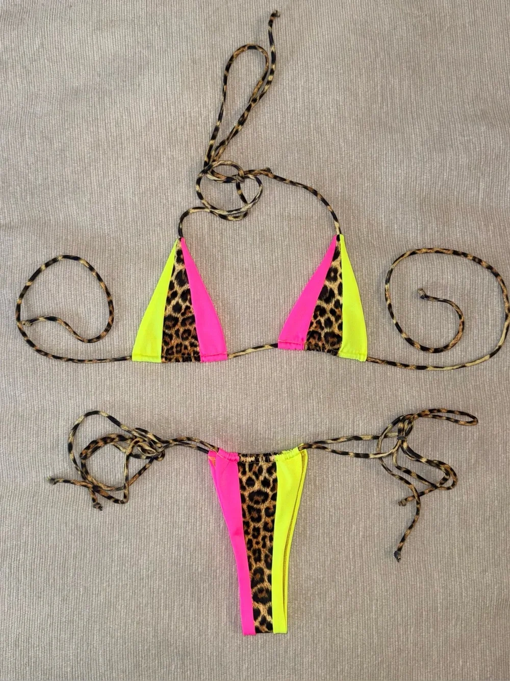 New Andi Bagus Tiga Bikini Set Skimpy Neon Leopard Sexy Thong Adjustable S/M